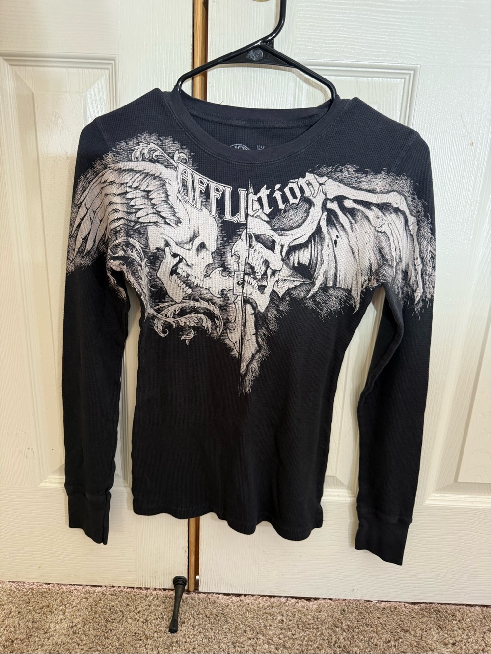 Affliction Womens S Black Thermal Skull Wings Long Sleeve Y2K Goth Biker